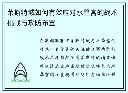 莱斯特城如何有效应对水晶宫的战术挑战与攻防布置
