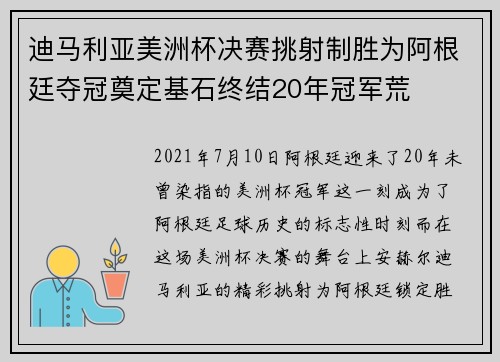 迪马利亚美洲杯决赛挑射制胜为阿根廷夺冠奠定基石终结20年冠军荒