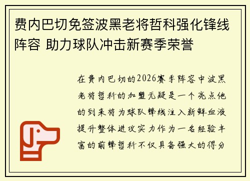 费内巴切免签波黑老将哲科强化锋线阵容 助力球队冲击新赛季荣誉 费内巴切免签波黑老将哲科强化锋线阵容 助力球队冲击新赛季荣誉