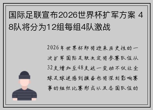 国际足联宣布2026世界杯扩军方案 48队将分为12组每组4队激战 国际足联宣布2026世界杯扩军方案 48队将分为12组每组4队激战